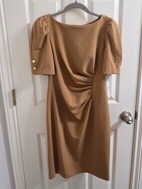 DKNY Short Sleeve Ruched Sheath Dress – Luggage Brown with Gold Button Detail